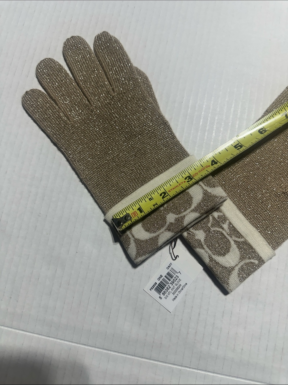 NWT Coach Metallic Glittery Beige Knit Logo Cuff Gloves lightweight - Picture 5 of 5